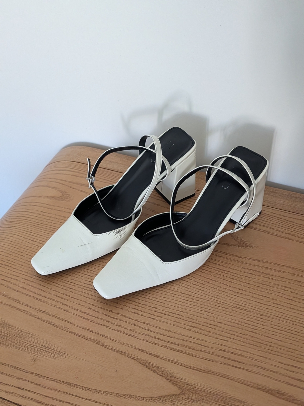White Square-Toe Block Heel Slingback Pumps